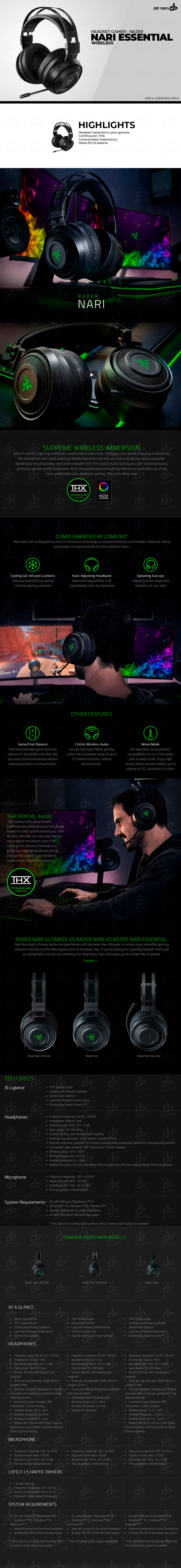 Razer Nari Essential - Auriculares gaming inalámbricos