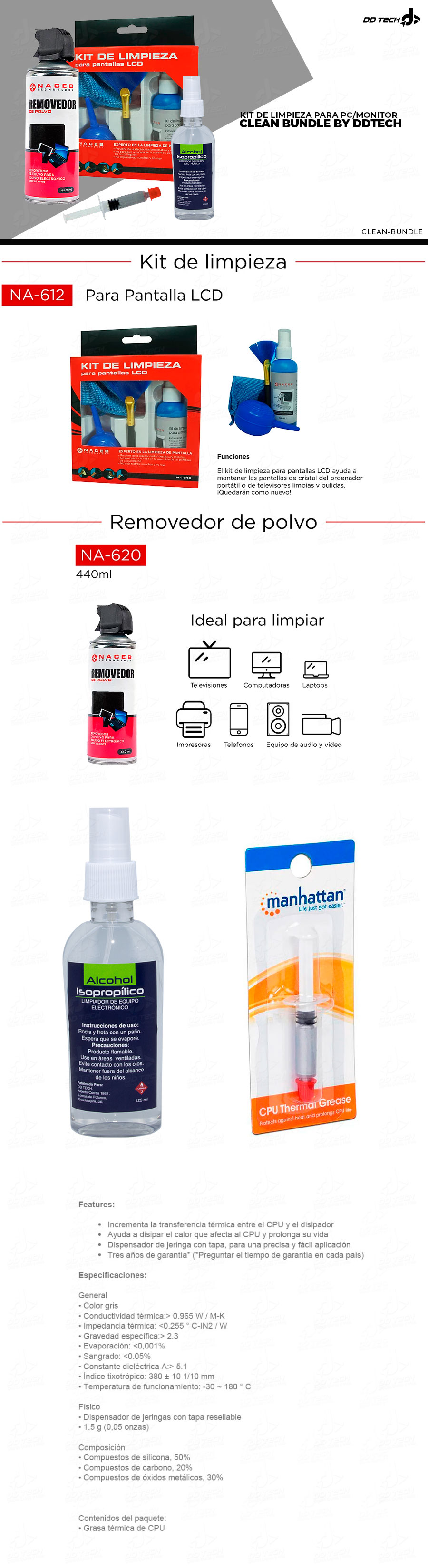 Kit de Limpieza para PC by DDTECH / Aire comprimido / Alcohol Isopropilico  / Pasta Termica y Kit de limpieza para Accesorios