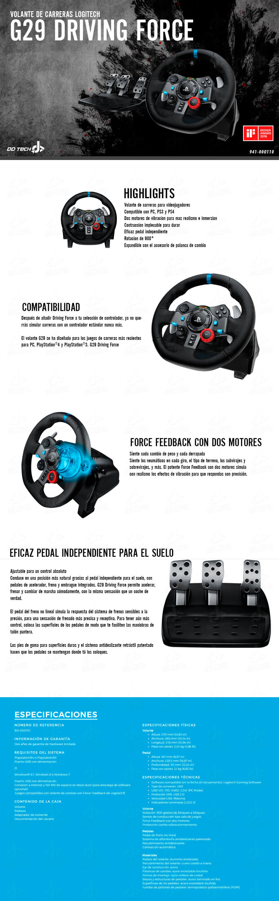 Volante de Carreras para PS4 /0 Logitech G29 Driving Force / Volante y  Pedales / 941-000111