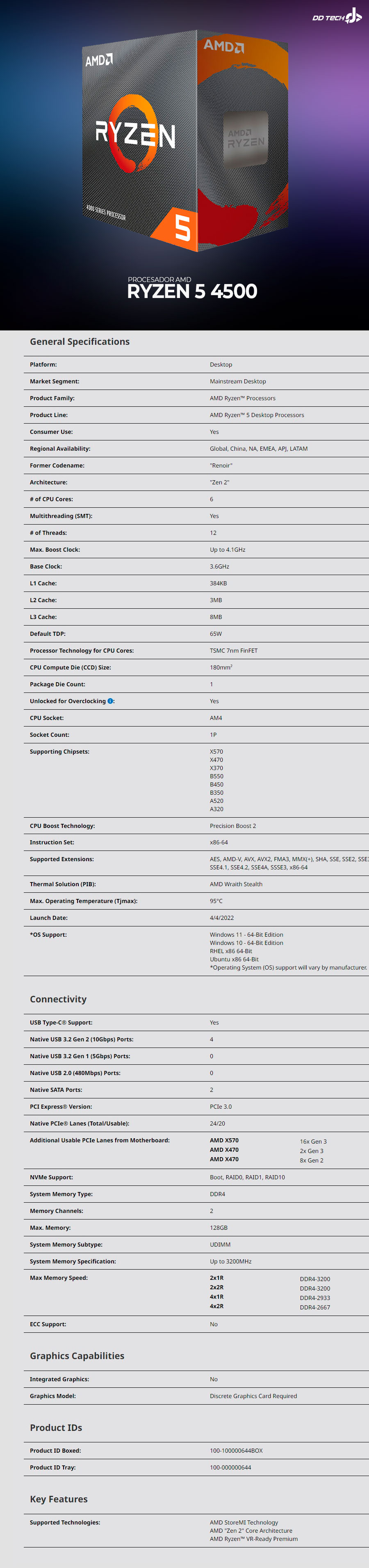 Procesador AMD Ryzen 5 4500 / 6 Core / 12 Thread / 3.6GHz / 4.1GHz Boost /  TDP 65W / Incluye Disipador Wraith Stealth / (Requiere Tarjeta de Video) /  100-100000644BOX