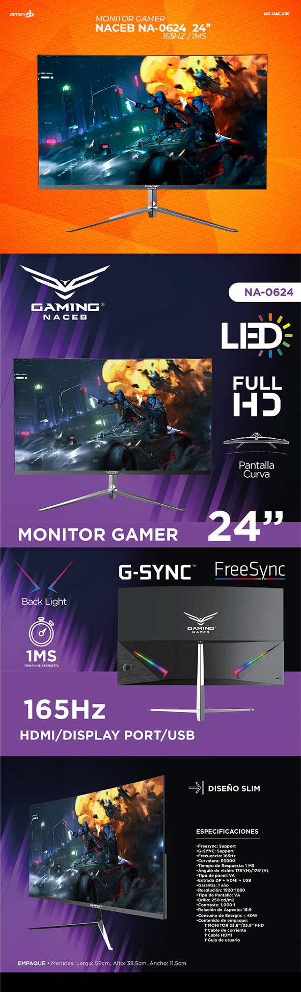 Monitor Naceb Gamer 24 Full HD Widescreen Freesync / Curvo /165Hz 1Ms HDMI  / DisplayPort / Negro/ NA-0624 /