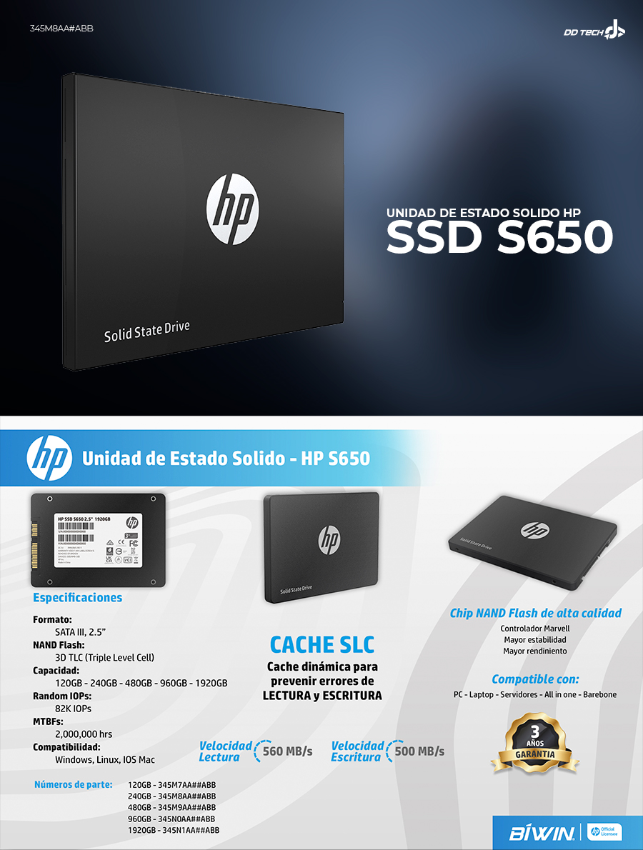 de estado solido SSD HP S650 240GB / 345M8AA#ABB | DD