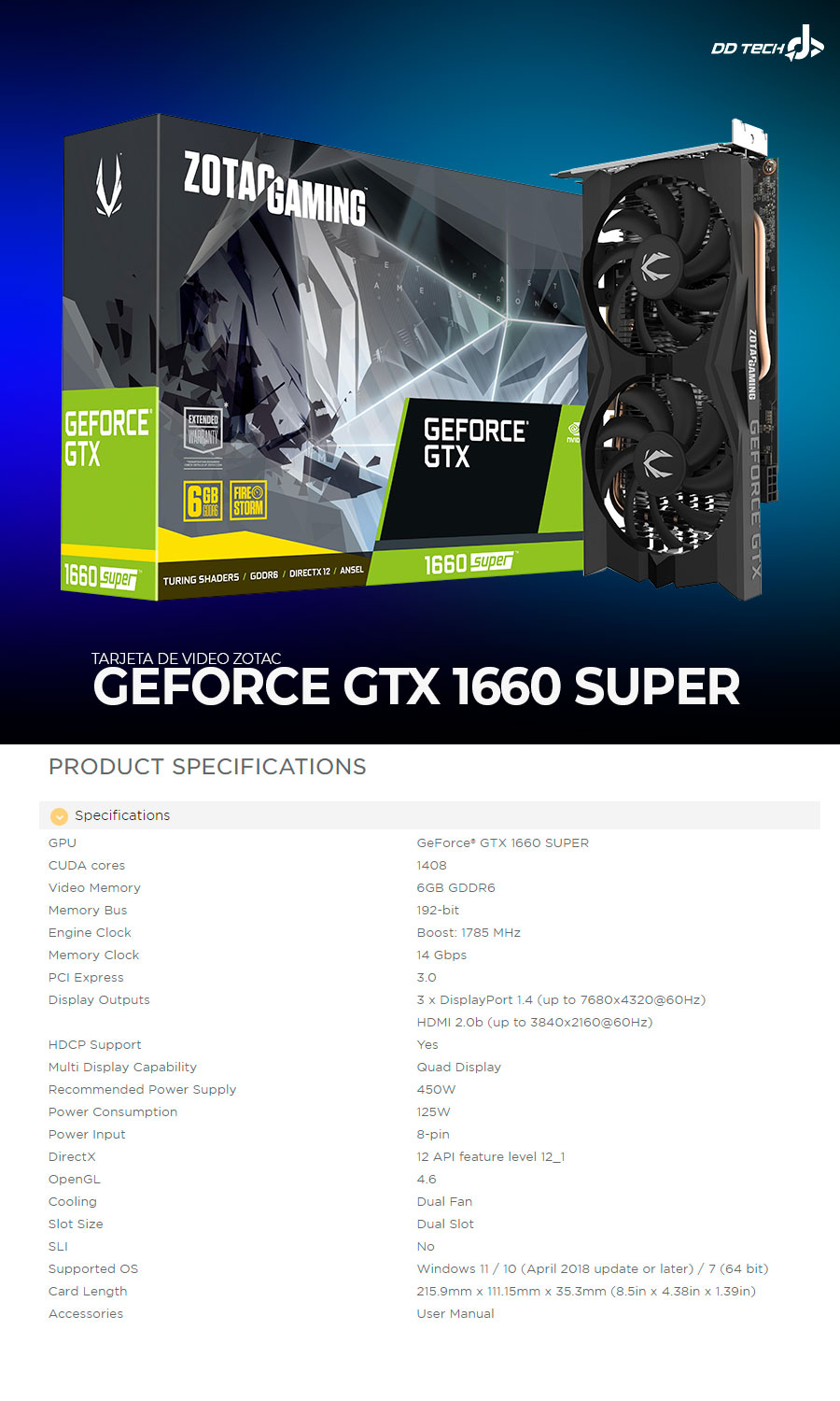 Tarjeta de video NVIDIA GeForce GTX 1660 Super 6GB GDDR6 / ZOTAC / HDMI