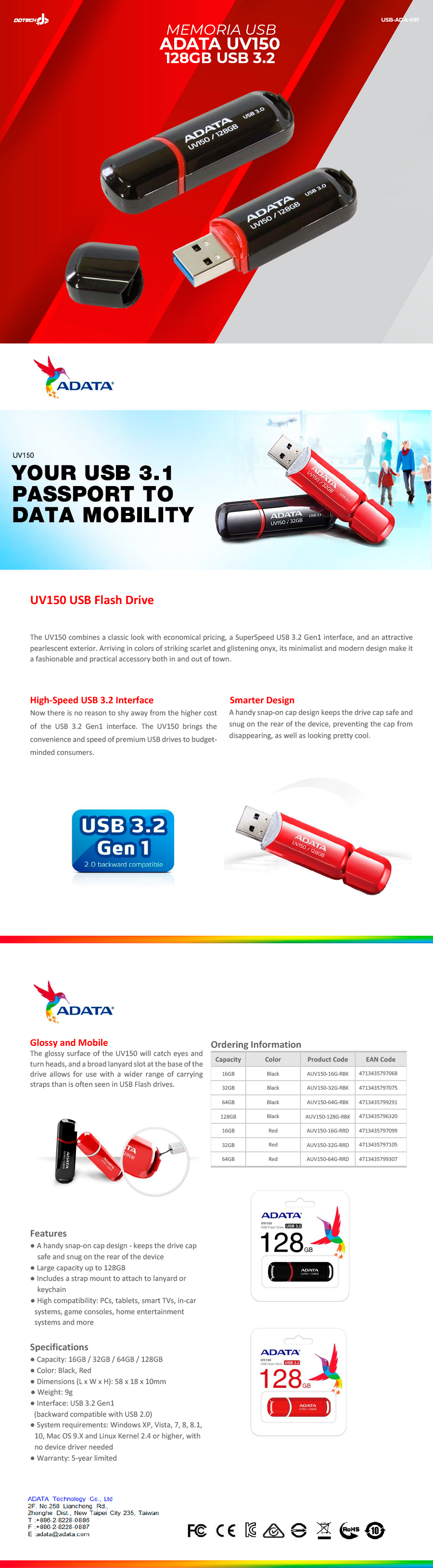  ADATA UV150 64GB USB 3.0 Snap-on Cap Flash Drive