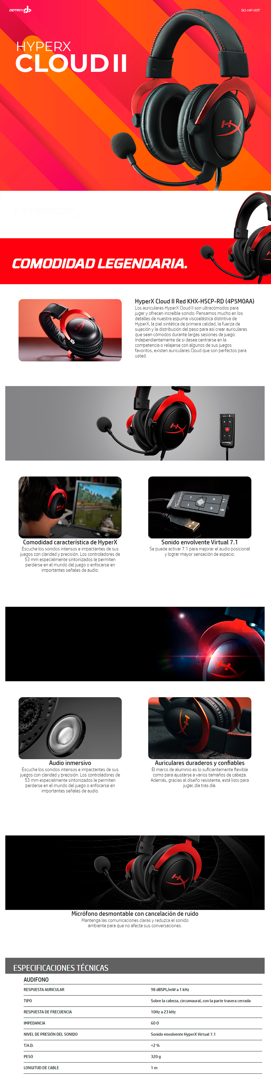 Audífonos Gamer HyperX Cloud II Red 7.1 / Alámbrico / 1 Metro + 2 Metros de  Extensión / 3.5mm / Negro/Rojo / 4P5M0AA