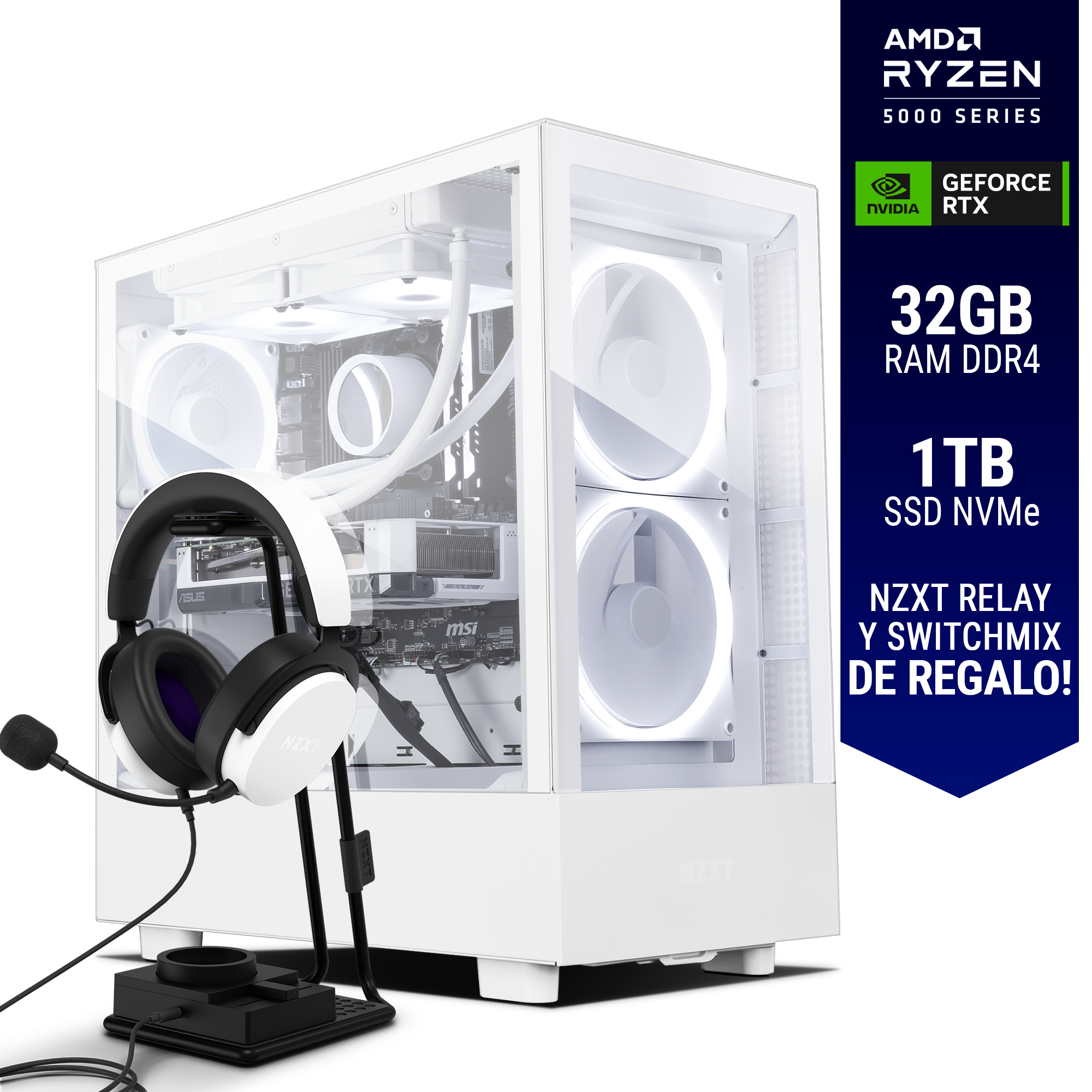 Computadora ULTIMATE PC RADIANCE / NZXT EDITION / RTX 4060 Ti 8GB / AMD Ryzen 7 5700X / 32GB RAM / 1TB SSD M.2 PCIe Gen4 / 650W 80+ GOLD / WiFi y Bluetooth / Licencia Windows 11 de regalo / Headset + SwitchMix de regalo / NZXTULT