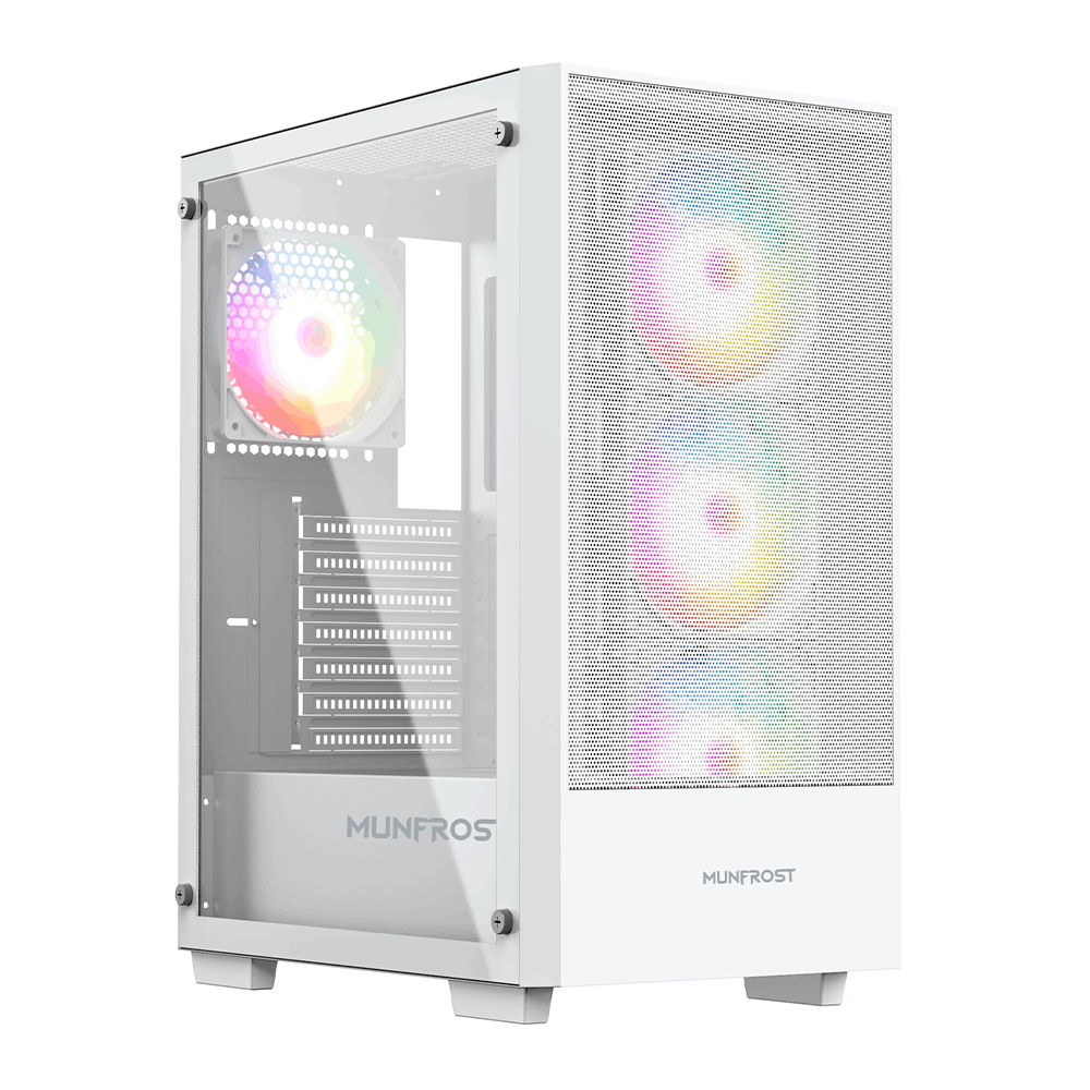 Gabinete Munfrost Alpha White / Cristal templado / ARGB Sync / Controlador de ventiladores / Atx - Micro ATX - Mini ITX / 4 Ventiladores ARGB incluido/