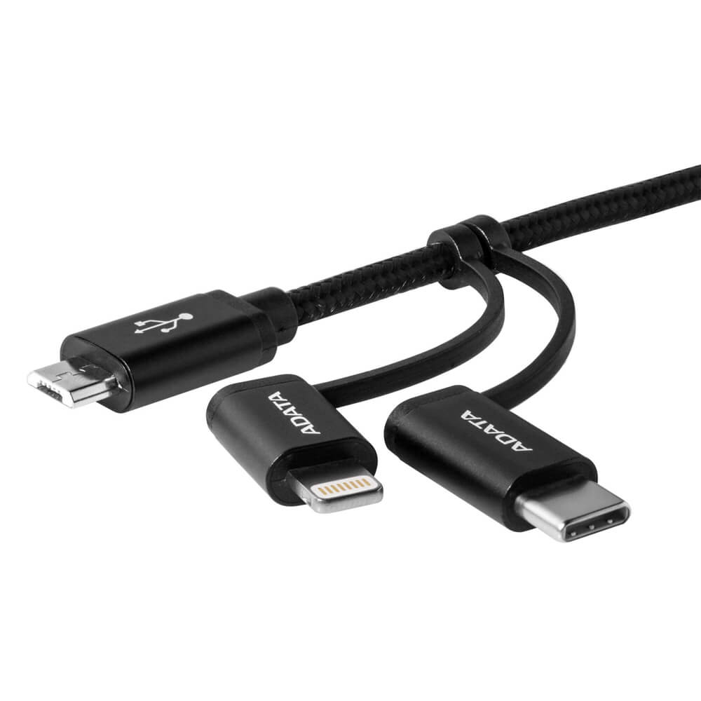 Cable Adata 3 en 1 Micro USB/USBC/Lightning 1m AMCL23IN1100CMKCBK